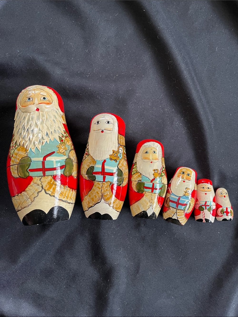 6 Vtg Santa Claus Hand Painted Wood Nesting Dolls Santa’s World Kurt Adler *READ